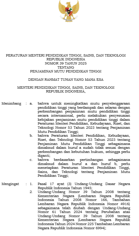 Peraturan Menteri Pendidikan Tinggi, Sains, Dan Teknologi Republik Indonesia Nomor 39 Tahun 2025