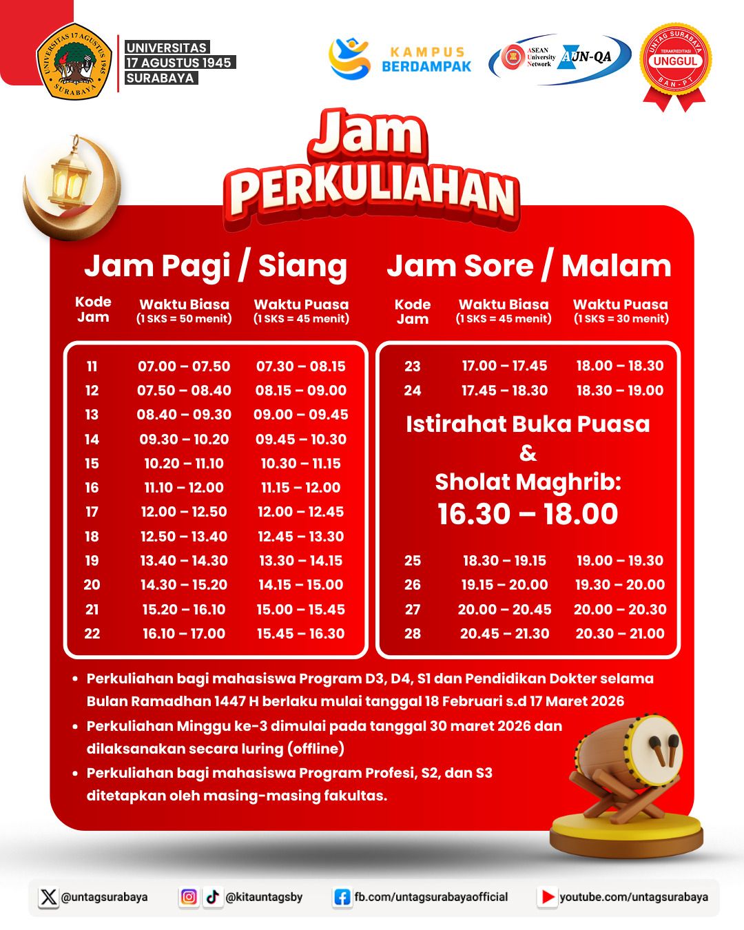 Perubahan Jam Kuliah Selama Bulan Ramadhan 1447 H