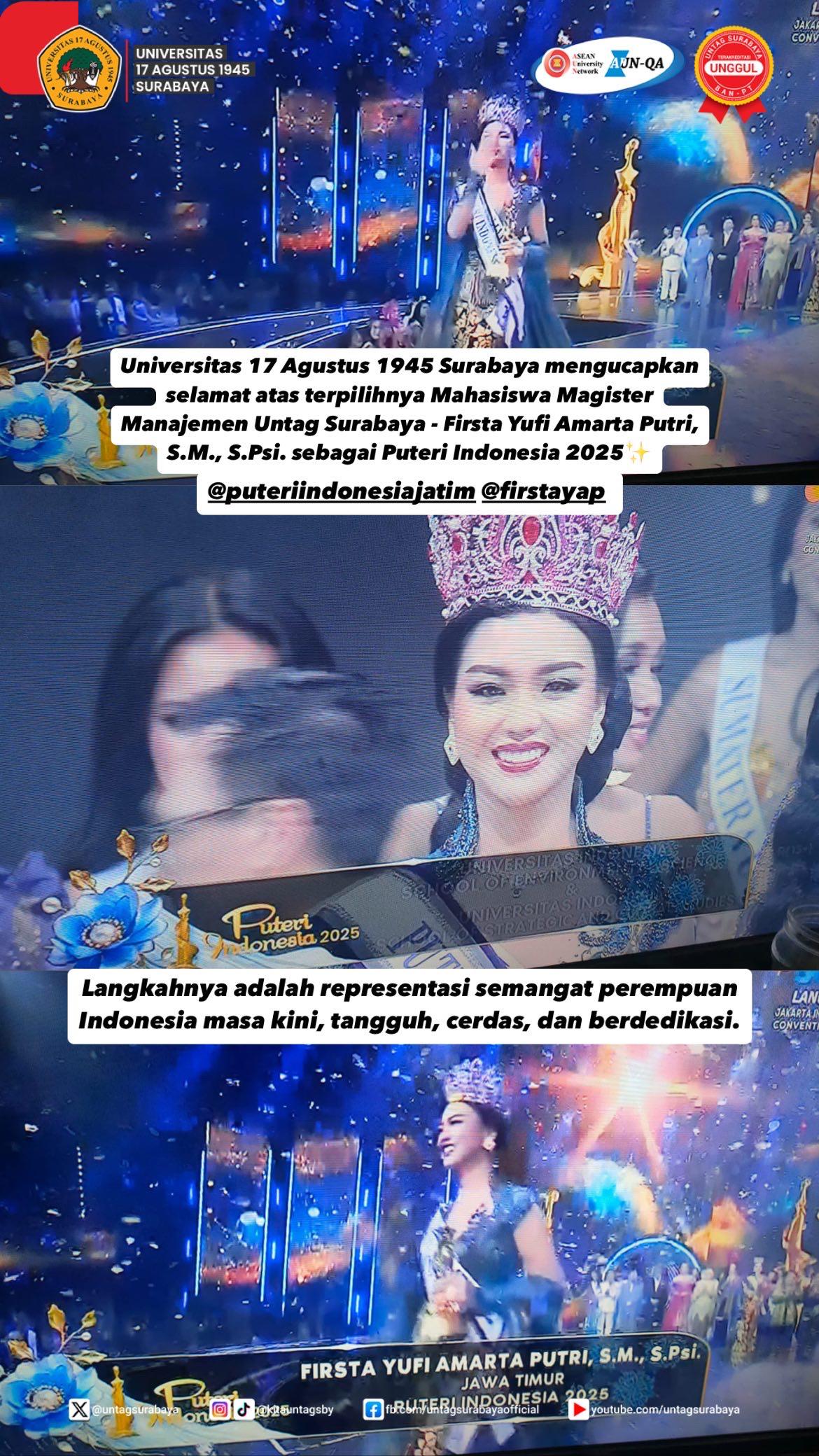 Mahasiswi Pascasarjana Untag Surabaya Raih Gelar Puteri Indonesia 2025